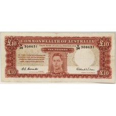 AUSTRALIA 1952 . TEN 10 POUNDS BANKNOTE . COOMBS/WILSON . LAST PREFIX V24